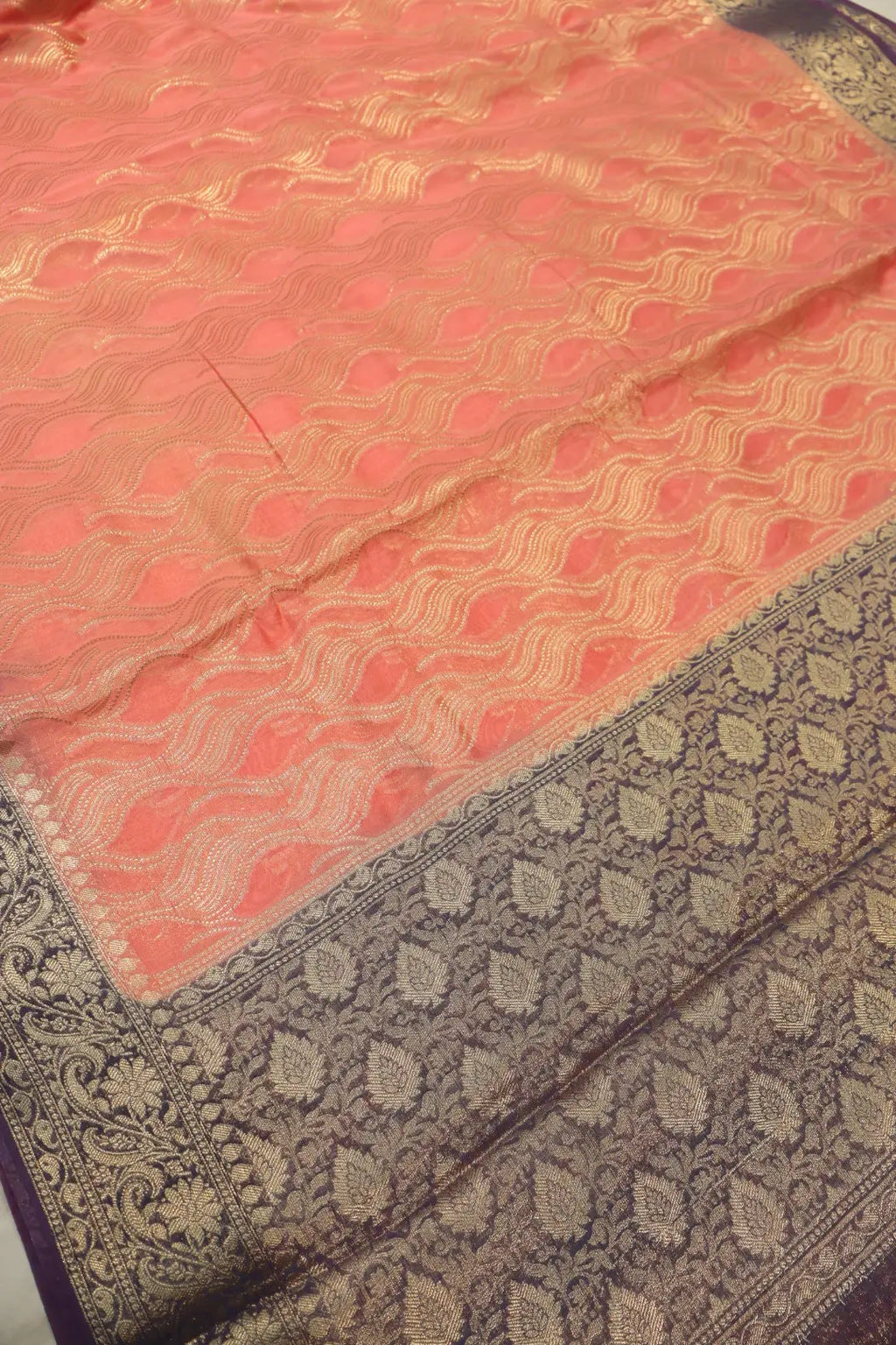 Peach Pure Mal Chanderi Banarasi Golden Zari Weaved Saree With Blouse The Banarasee Aura