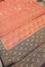 Peach Pure Mal Chanderi Banarasi Golden Zari Weaved Saree With Blouse The Banarasee Aura
