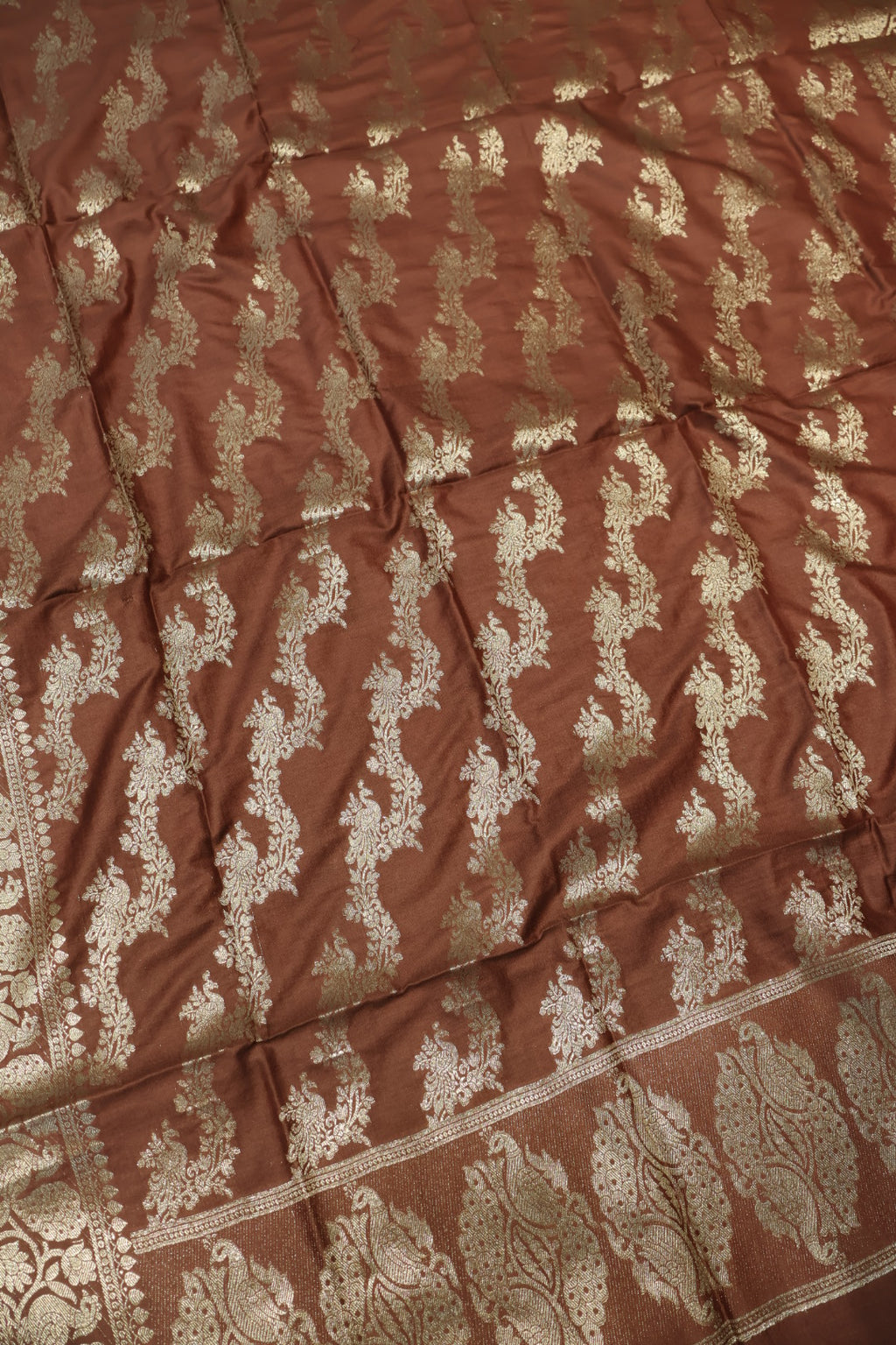 Brown Katan Silk Shikargah Woven Unstitched Banarasi Suit Set The Banarasee Aura