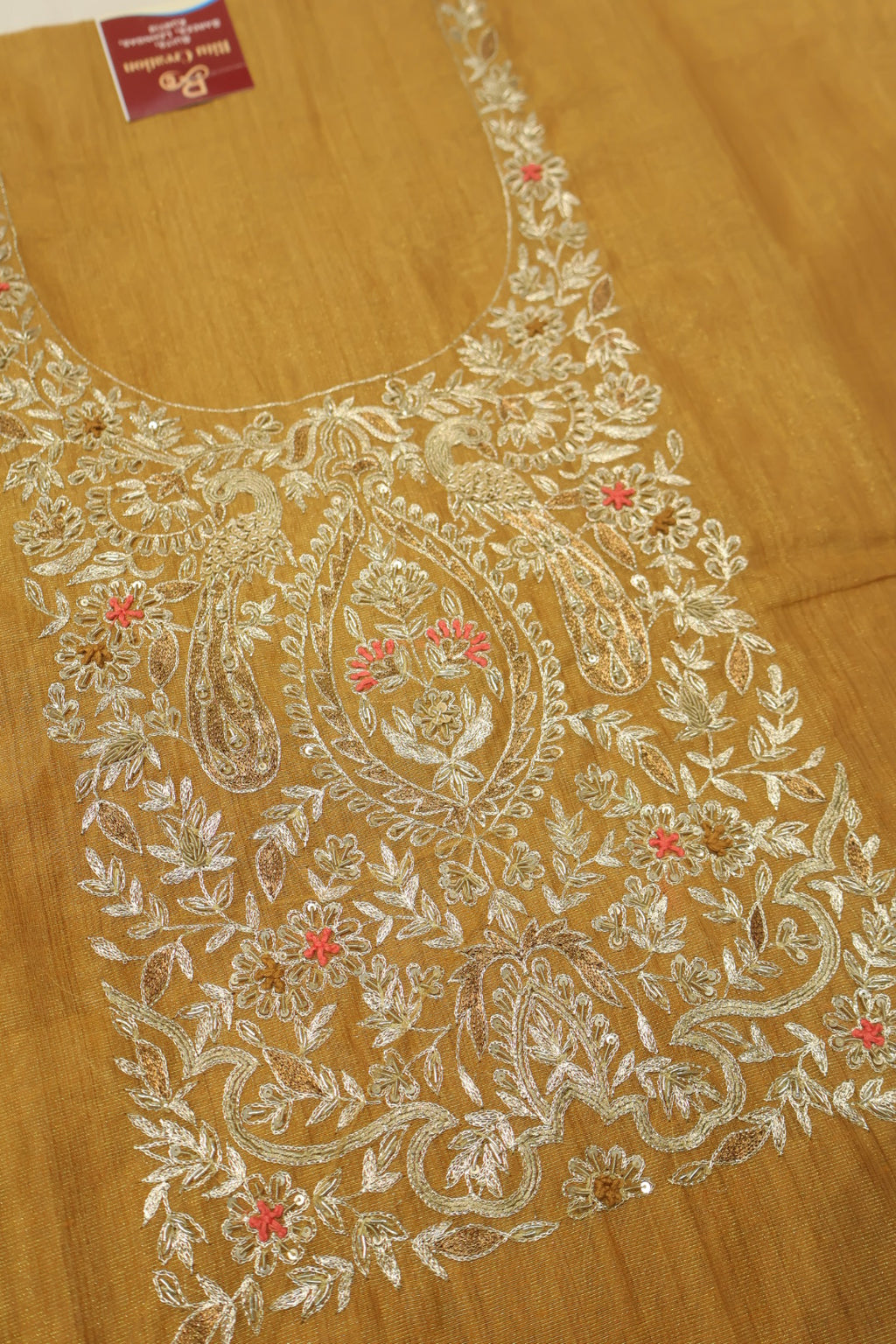 Mustard Chanderi Tissue Hand Embroidered Unstitched Suit Set with Chanderi Tissue Printed Dupatta The Banarasee Aura