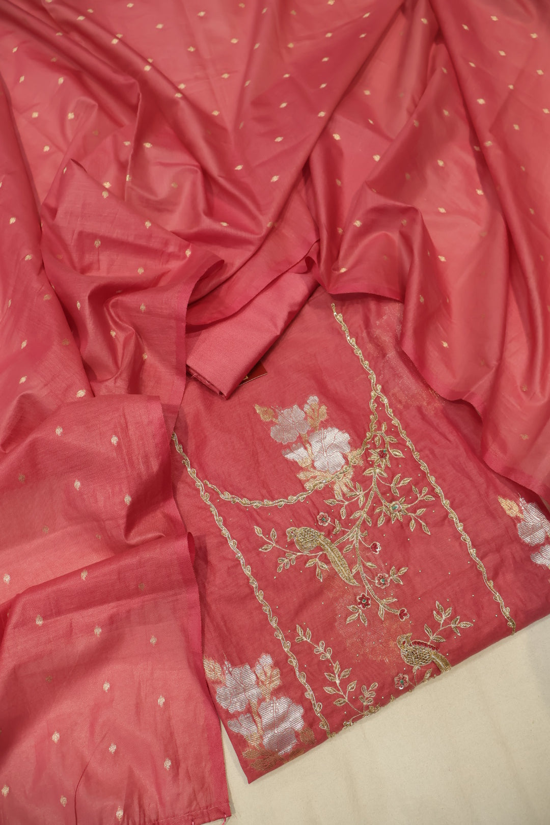 Peach Banarasi Chanderi Silk Sona Roopa Hand Embroidered Unstitched Suit Set with Chanderi Silk Woven Dupatta - The Banarasee Aura