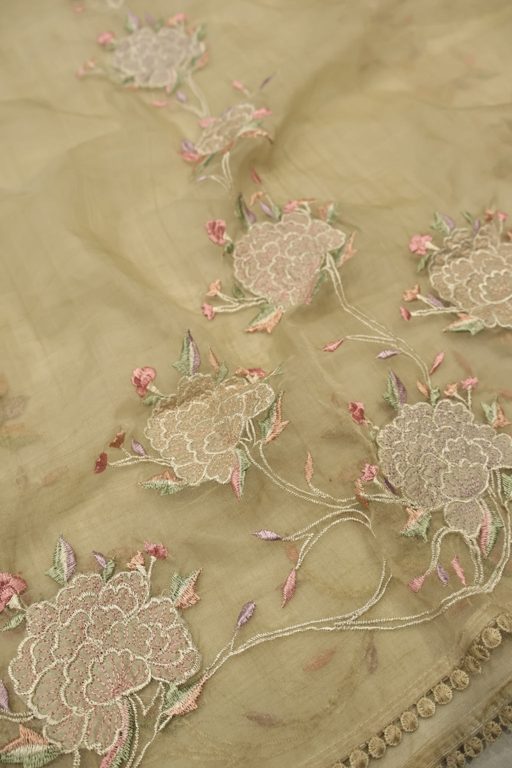 Olive Green Crushed Tissue Hand Embroidered Unstitched Suit Set with Chanderi Embroidered Dupatta The Banarasee Aura