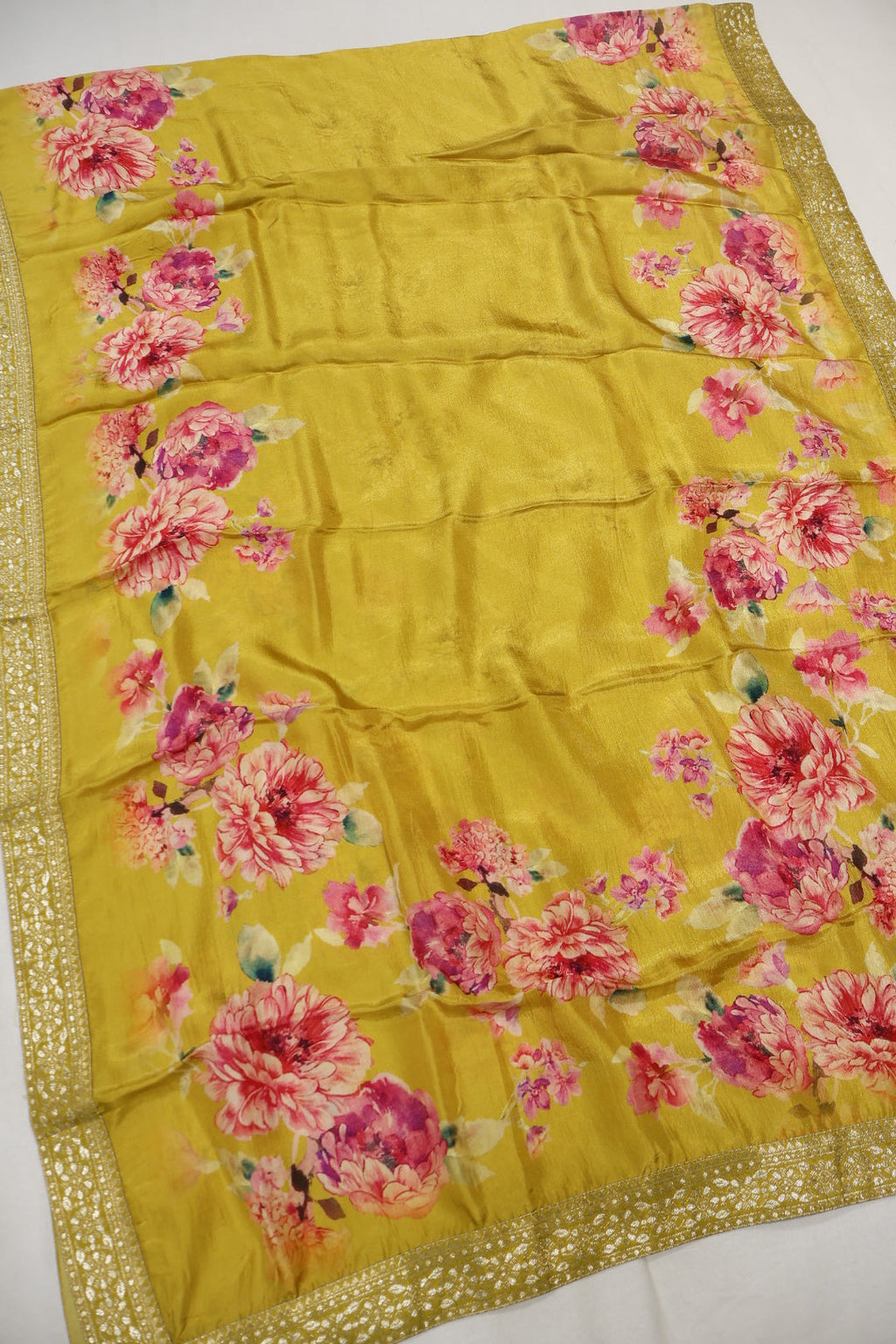 Mustard Uppada Silk Embroidered and Self Woven Unstitched Suit Set With Uppada Silk Digital Printed Dupatta The Banarasee Aura