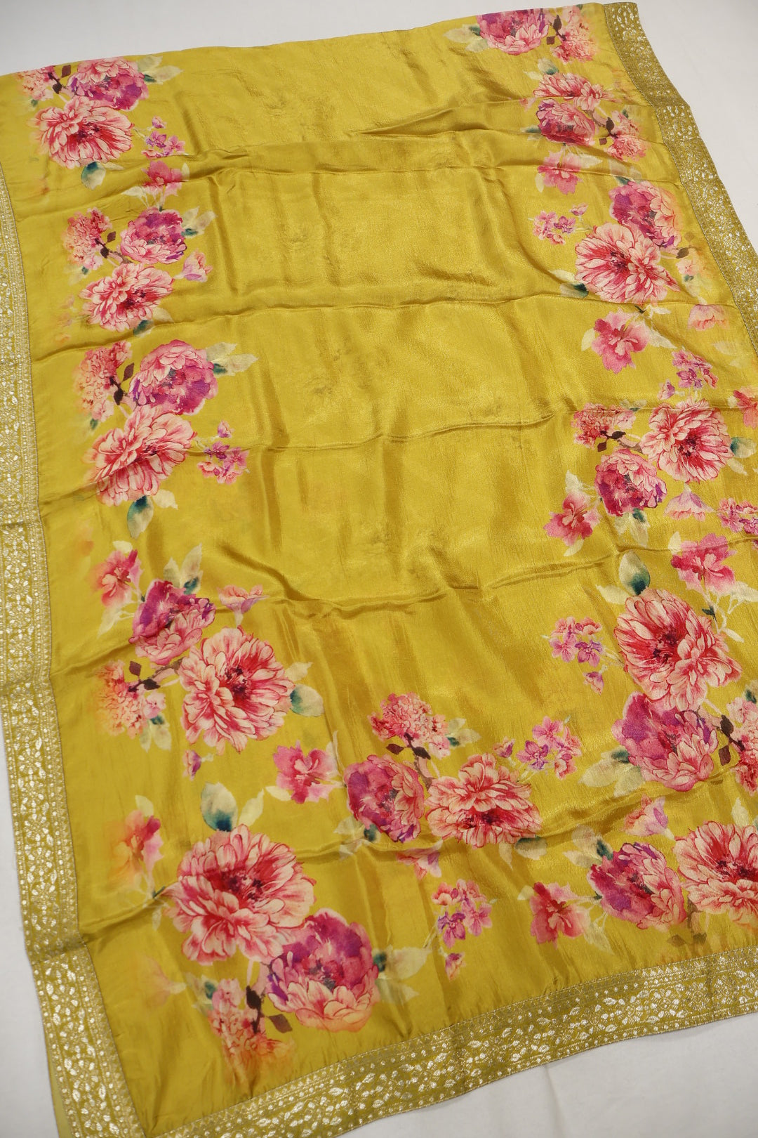 Mustard Uppada Silk Embroidered and Self Woven Unstitched Suit Set With Uppada Silk Digital Printed Dupatta The Banarasee Aura