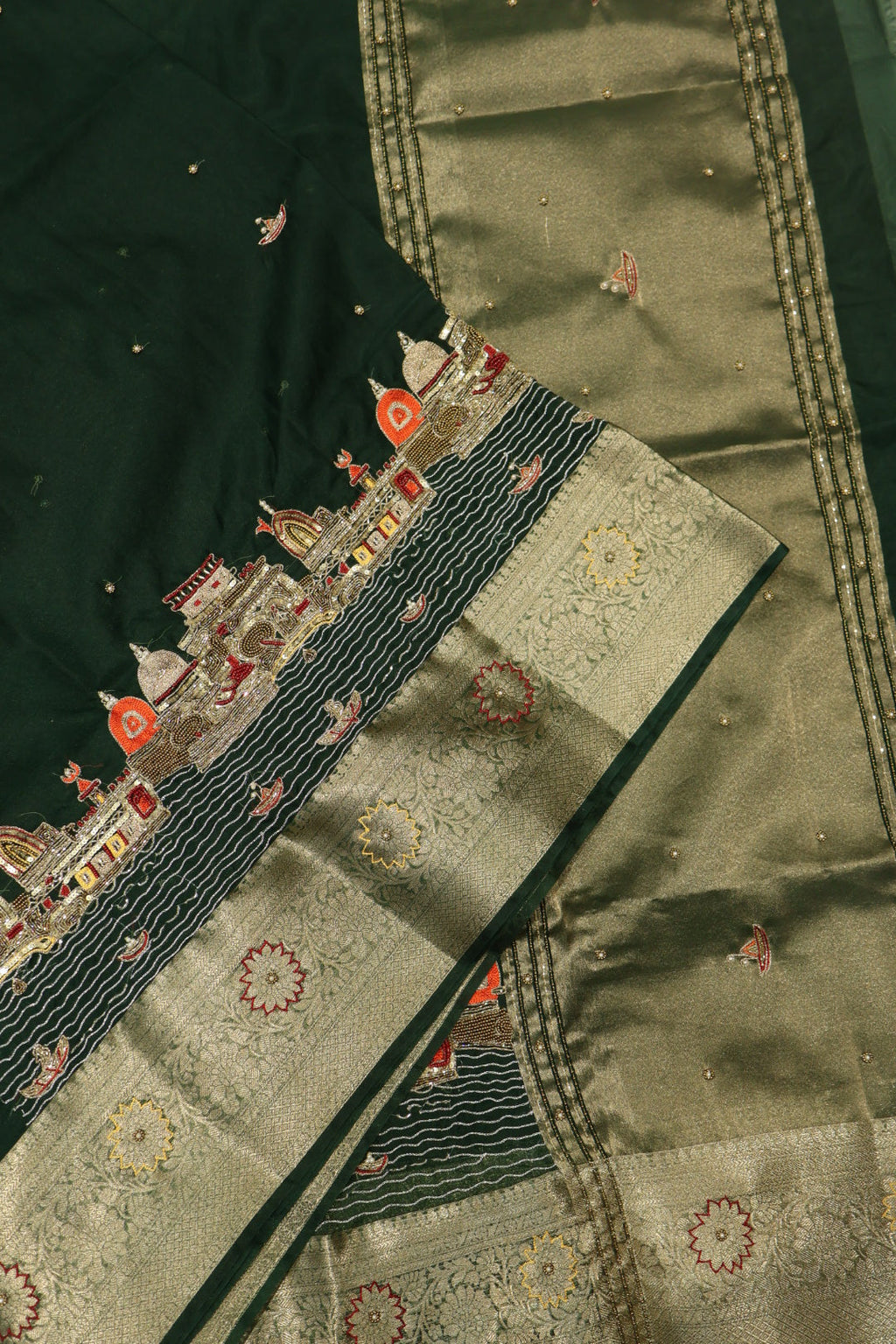 Bottle Green Banarasi Kora Silk Hand Embroidered Banarasi Ghat Saree Without Blouse The Banarasee Aura