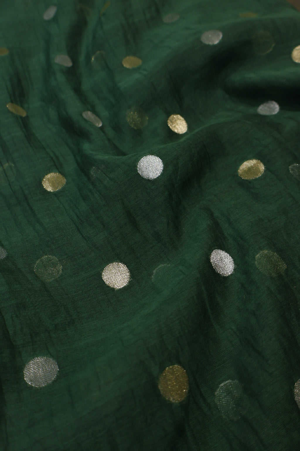 Bottle Green Pure Mul Chanderi Sona Roopa Woven Unstitched Suit Set With Pure Mul Chanderi Digital Printed and Tissue Border Dupatta The Banarasee Aura