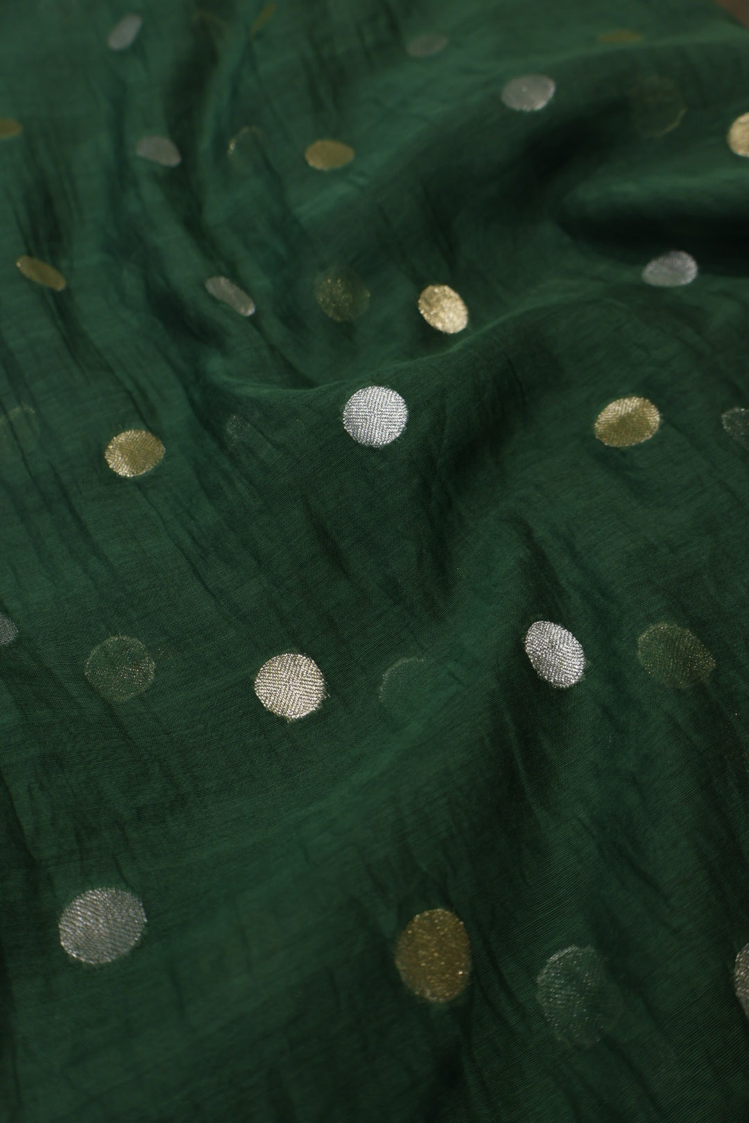 Bottle Green Pure Mul Chanderi Sona Roopa Woven Unstitched Suit Set With Pure Mul Chanderi Digital Printed and Tissue Border Dupatta The Banarasee Aura