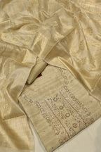 Beige Tussar Silk Hand Embroidered Unstitched Suit Set with Tussar Silk Woven Dupatta The Banarasee Aura