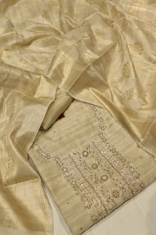 Beige Tussar Silk Hand Embroidered Unstitched Suit Set with Tussar Silk Woven Dupatta The Banarasee Aura