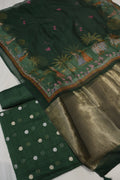 Bottle Green Pure Mul Chanderi Sona Roopa Woven Unstitched Suit Set With Pure Mul Chanderi Digital Printed and Tissue Border Dupatta The Banarasee Aura