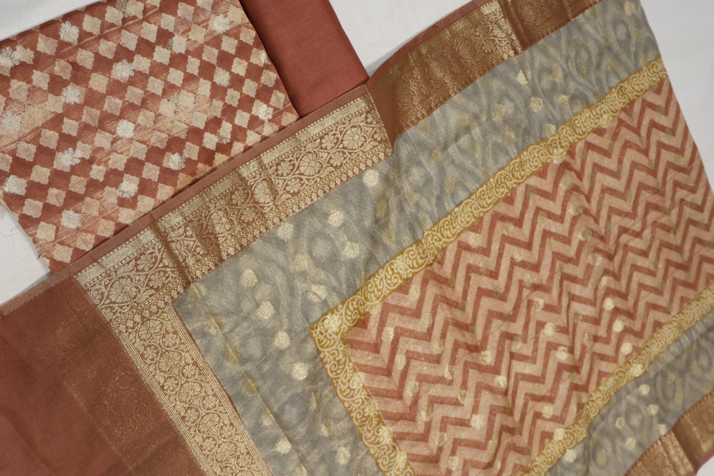 Rust Brown Banarasi Pure Chanderi Silk Hand Blocked and Woven Unstitched Suit Set With Pure Chanderi Silk Hand Blocked Woven Dupatta The Banarasee Aura