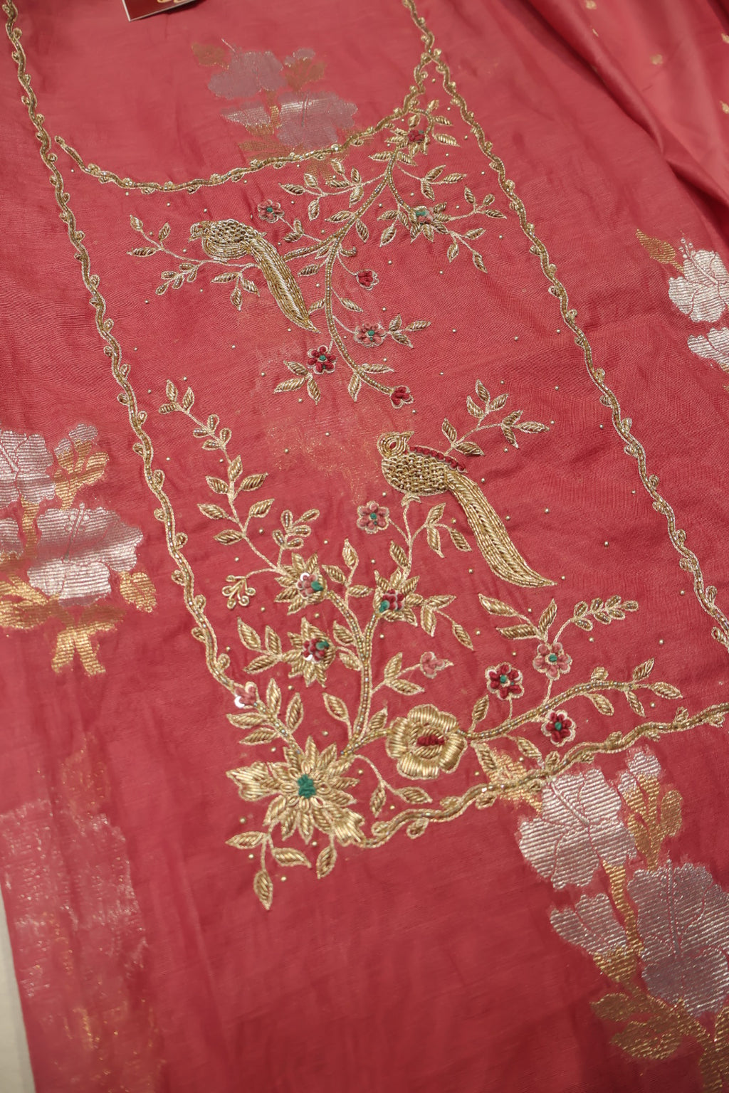 Peach Banarasi Chanderi Silk Sona Roopa Hand Embroidered Unstitched Suit Set with Chanderi Silk Woven Dupatta - The Banarasee Aura