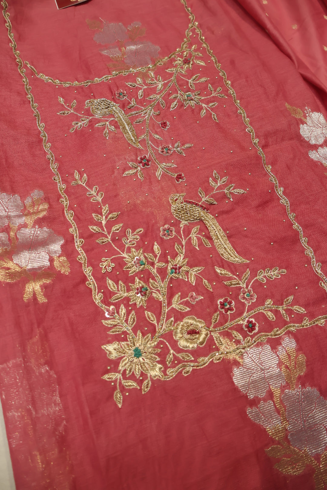 Peach Banarasi Chanderi Silk Sona Roopa Hand Embroidered Unstitched Suit Set with Chanderi Silk Woven Dupatta - The Banarasee Aura