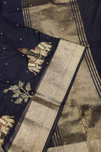 Navy Blue Banarasi Kora Silk Hand Embroidered Saree With Blouse The Banarasee Aura