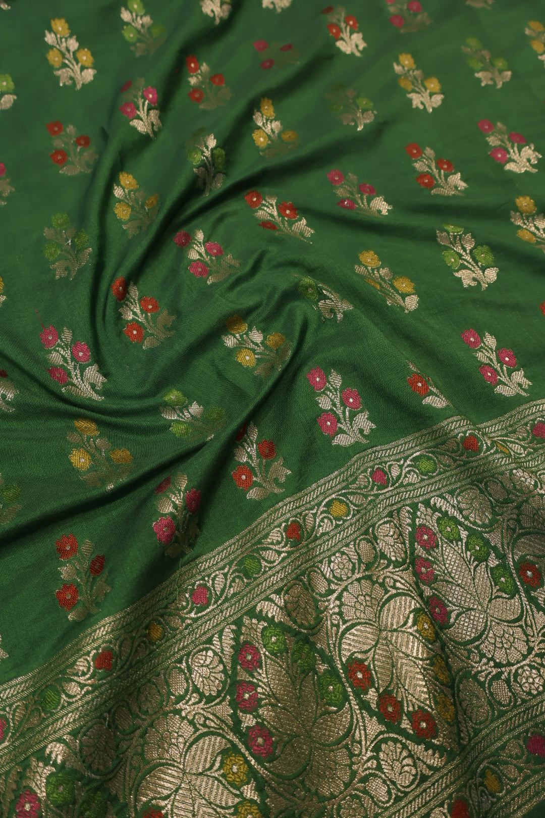 Bottle Green Satin Silk Tilfi Meenakari Woven Unstitched Banarasi Suit Set The Banarasee Aura
