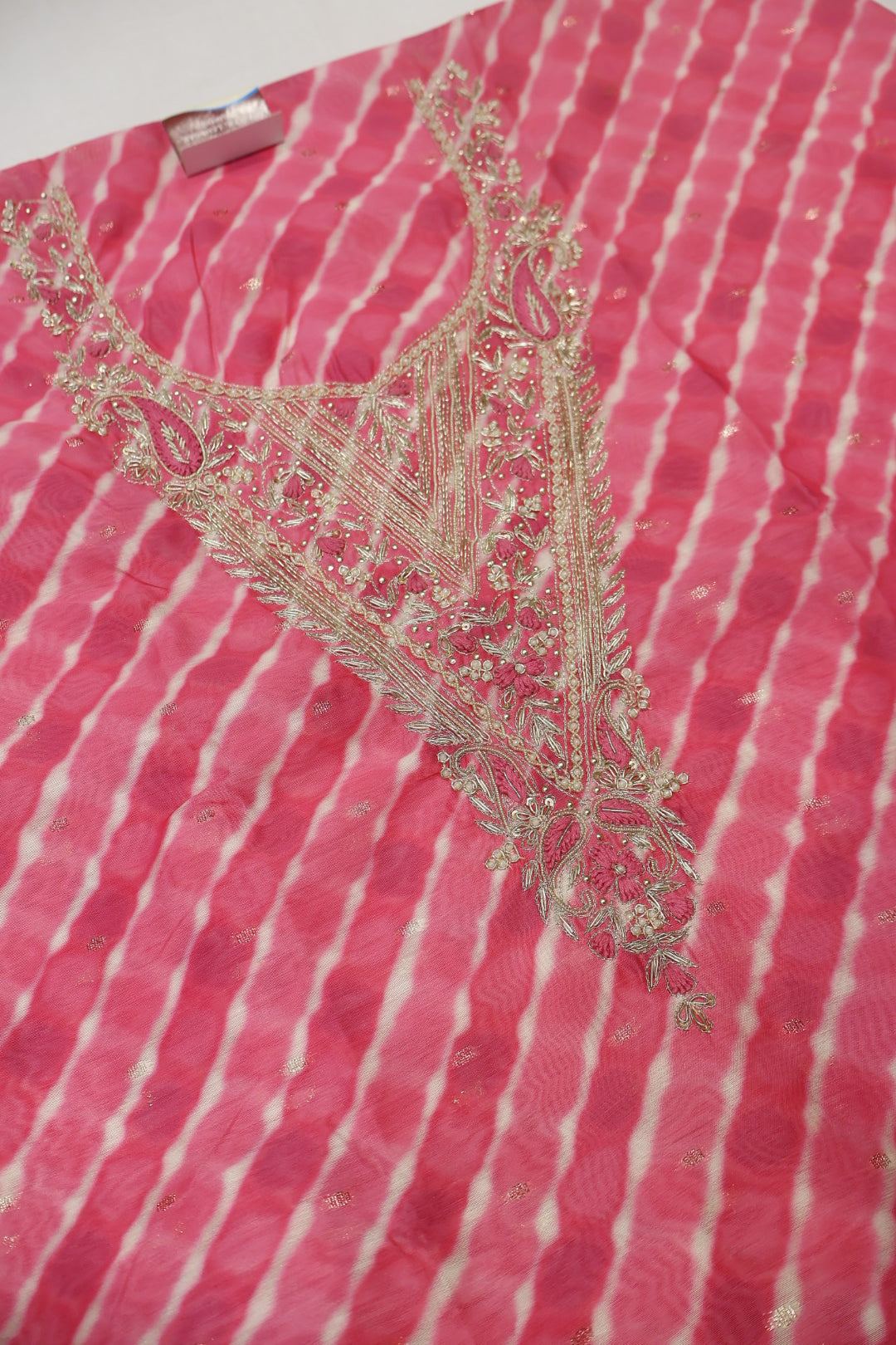 Pink Chanderi Lehriya Hand Embroidered and Woven Unstitched Suit Set With Organza Digital Printed Gotta Work Dupatta The Banarasee Aura