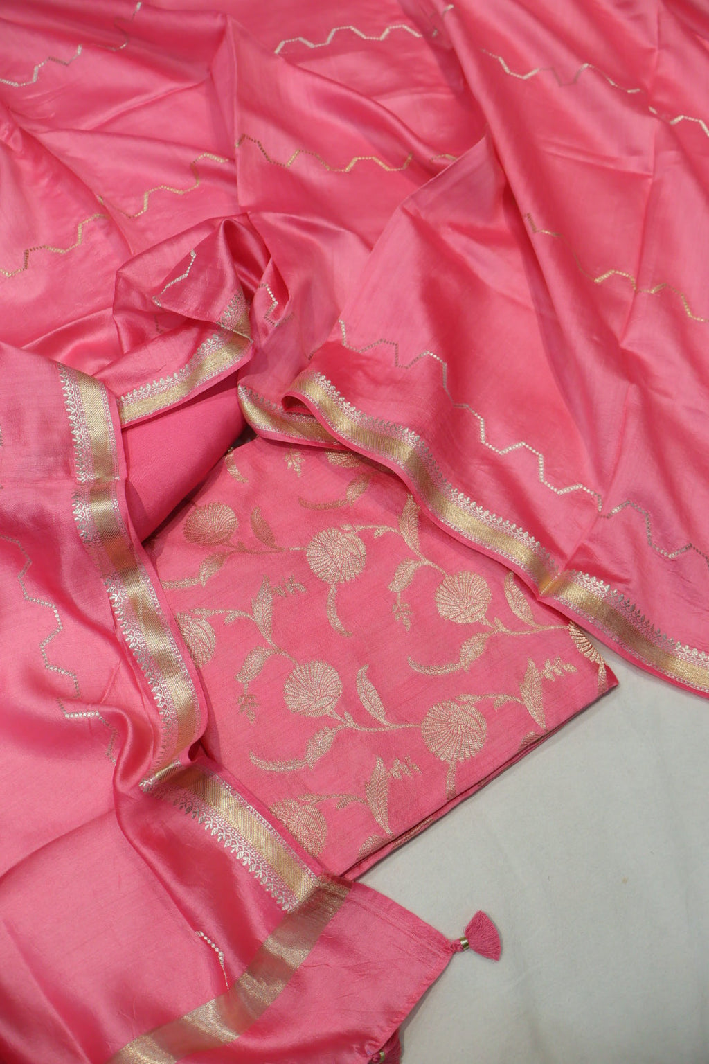 Pink Banarasi Pure Chiniya Silk Woven Unstitched Suit Set With Pure Chiniya Silk Sona Roopa Woven Dupatta The Banarasee Aura