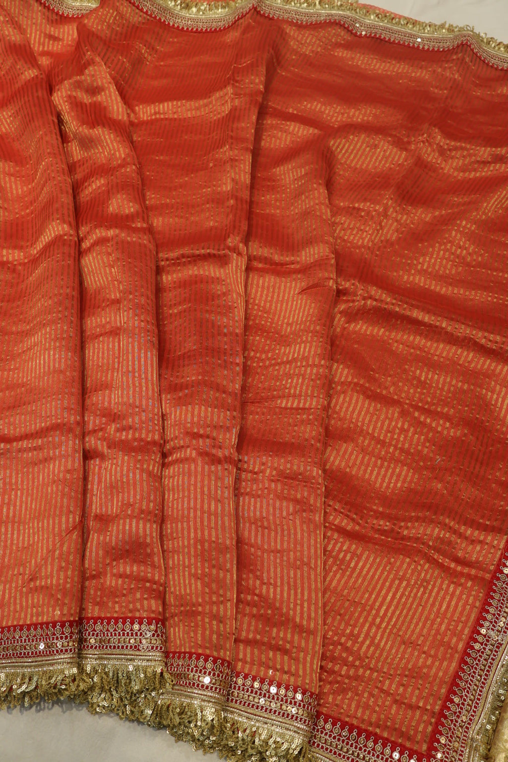 Red Pure Banarasi Tissue Stripes Saree With Silk Brocade Blouse The Banarasee Aura
