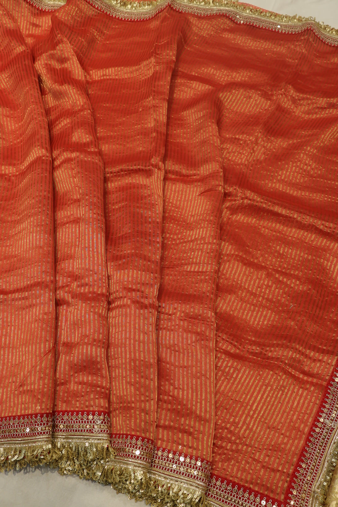 Red Pure Banarasi Tissue Stripes Saree With Silk Brocade Blouse The Banarasee Aura