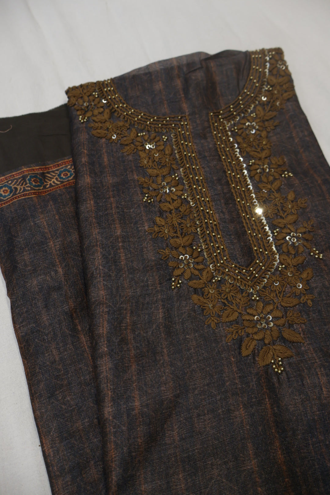 Charcoal Brown Chanderi Silk Printed and Embroidered Unstitched Suit Set With Chanderi Digital Printed And Embroidered Dupatta The Banarasee Aura