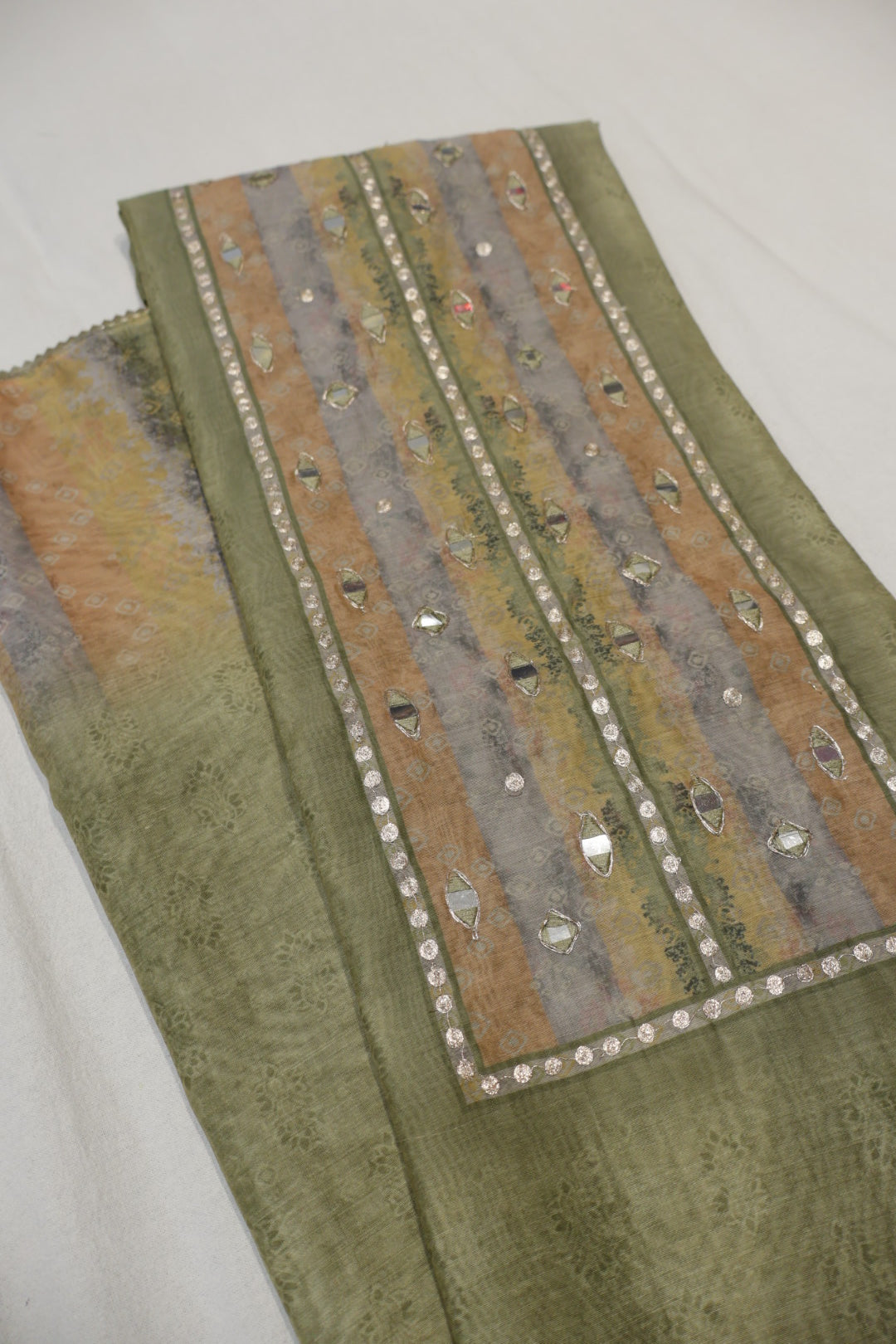 Green Chanderi Embroidered Unstitched Suit Set With Chanderi Digital Printed Dupatta The Banarasee Aura