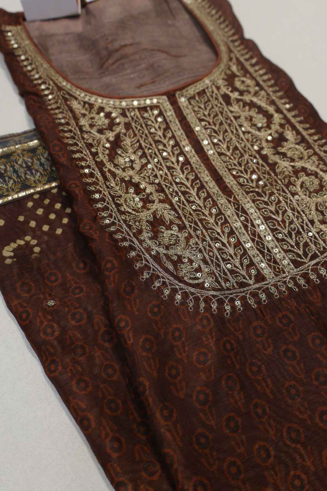 Coffee Brown Chanderi Embroidered Unstitched Suit Set With Chanderi Digital Printed Dupatta The Banarasee Aura