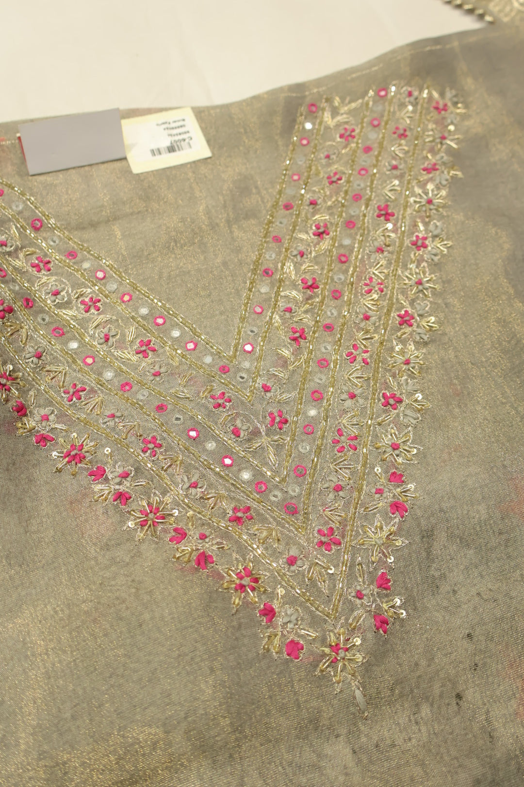 Grey Tissue Silk Hand Embroidered Banarasi Unstitched Suit Set with Tissue Silk Printed Dupatta The Banarasee Aura