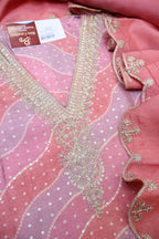 Peach Muslin Lehriya Printed and Embroidered Unstitched Suit Set With Muslin Embroidered Dupatta The Banarasee Aura