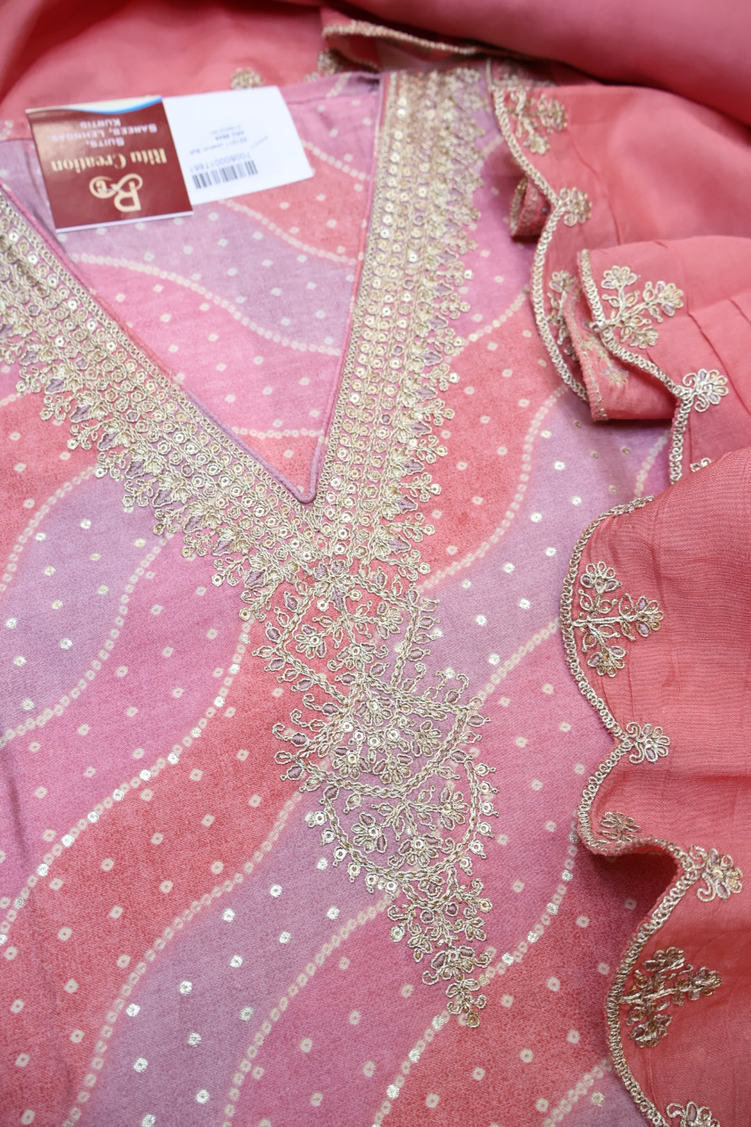 Peach Muslin Lehriya Printed and Embroidered Unstitched Suit Set With Muslin Embroidered Dupatta The Banarasee Aura