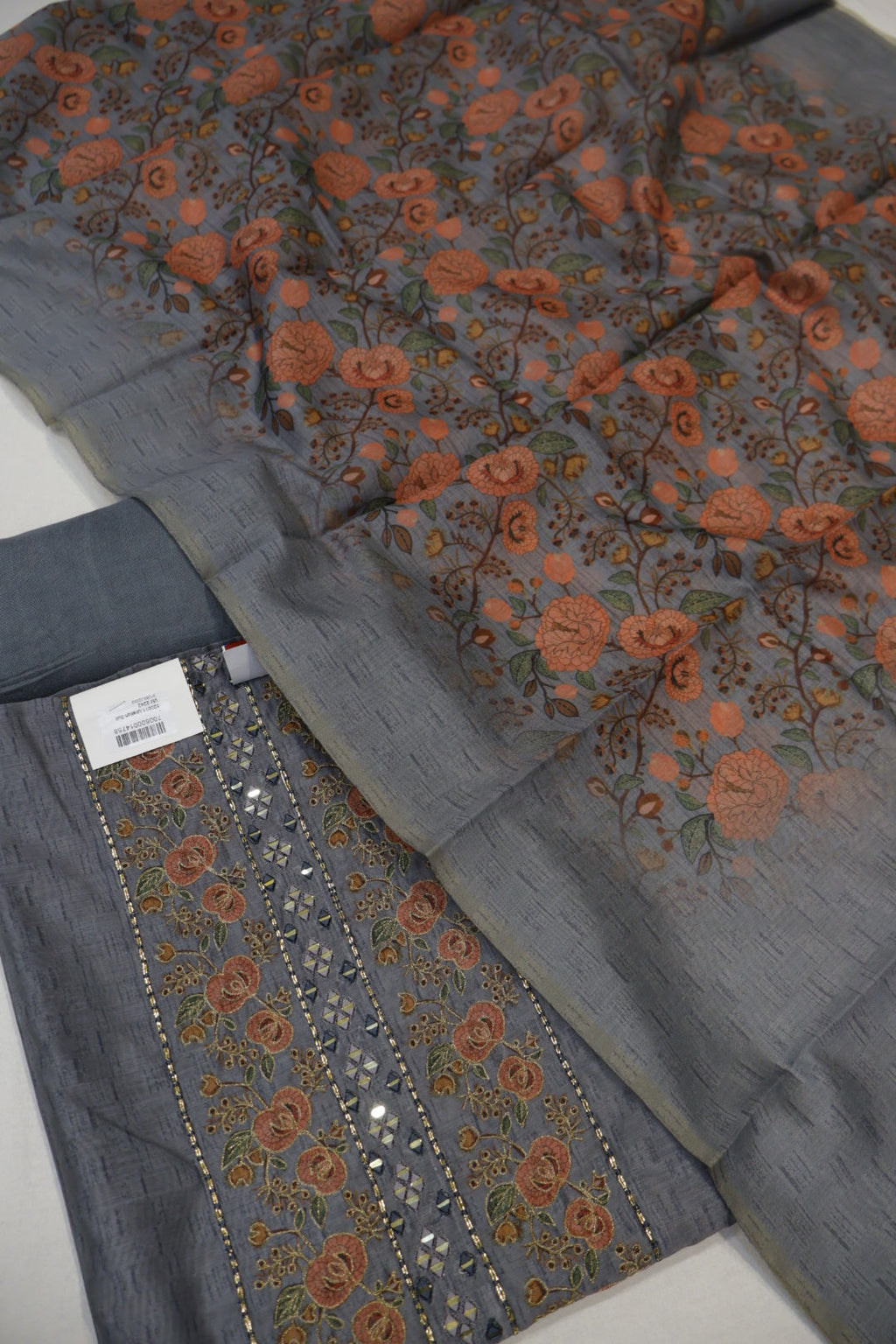 Grey Chanderi Embroidered Unstitched Suit Set With Chanderi Digital Printed Dupatta The Banarasee Aura