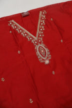 Red Chanderi Hand Embroidered Unstitched Suit Set With Dola Silk Woven Dupatta The Banarasee Aura
