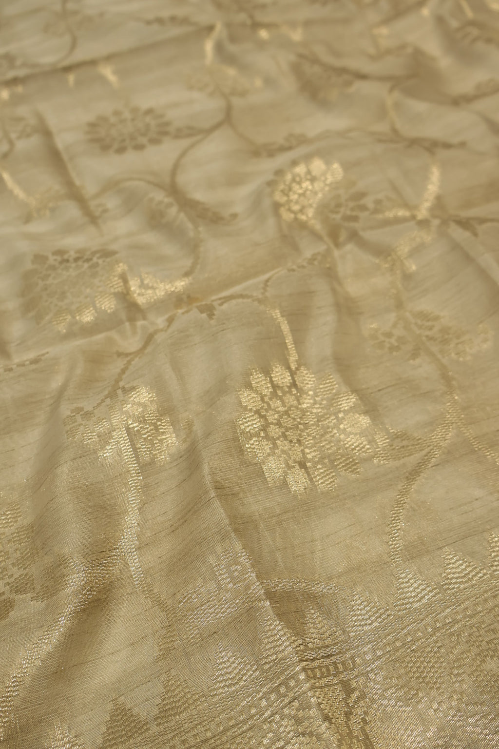 Beige Tussar Silk Hand Embroidered Unstitched Suit Set with Tussar Silk Woven Dupatta The Banarasee Aura