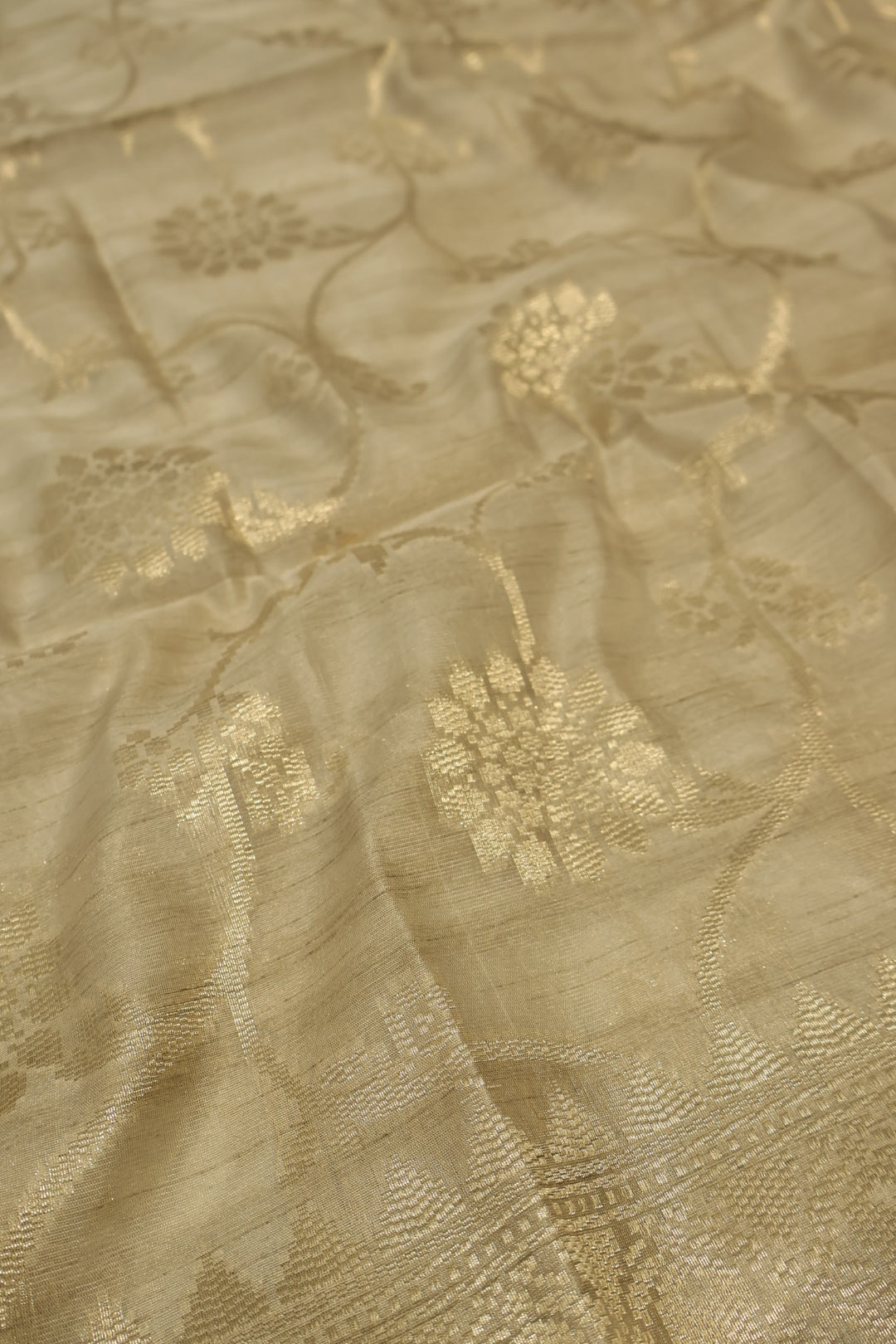 Beige Tussar Silk Hand Embroidered Unstitched Suit Set with Tussar Silk Woven Dupatta The Banarasee Aura