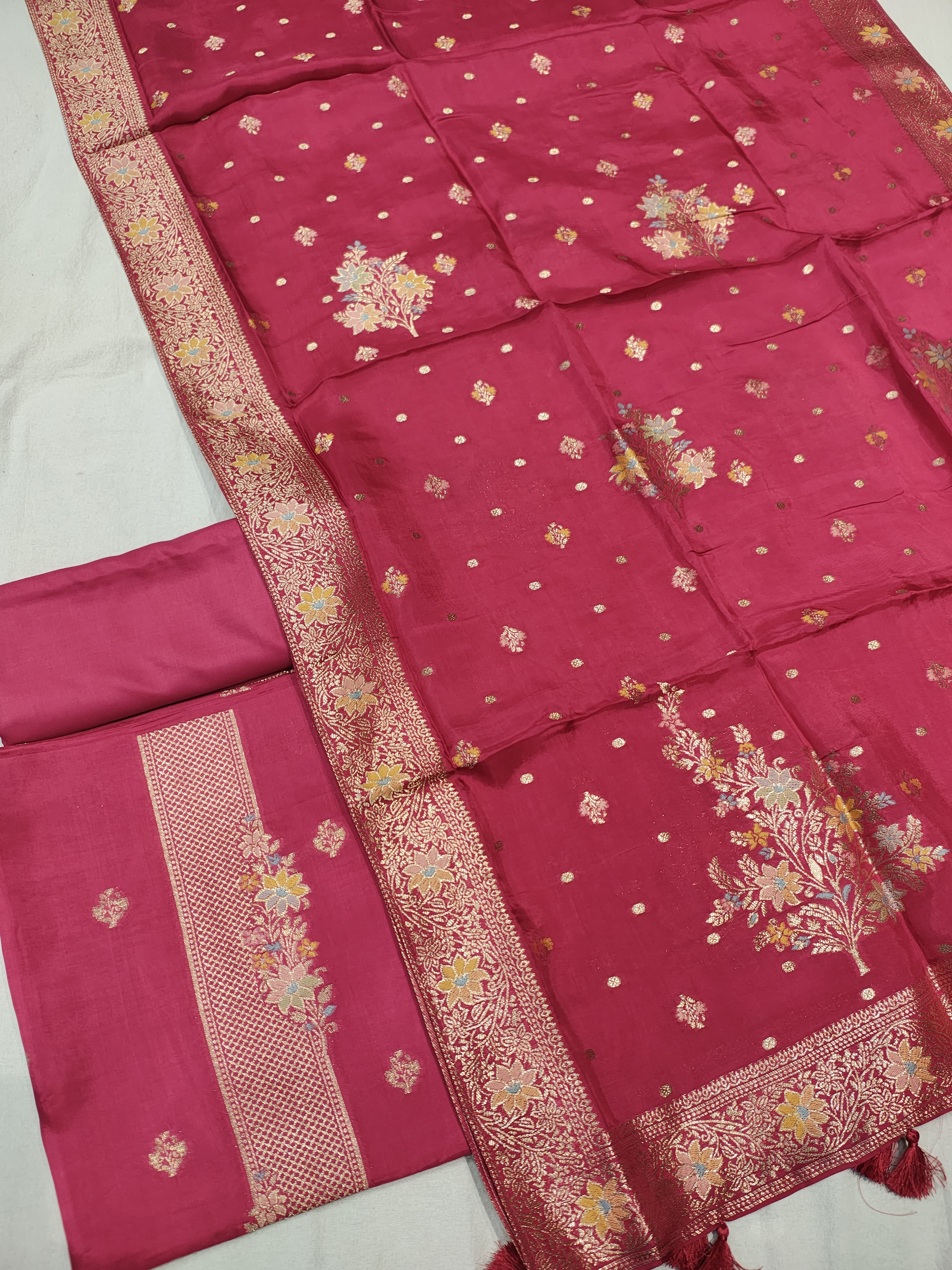 Rani Pink Banarasi Satin Silk Blend Meenakri Woven Unstitched Suit Set With Satin Silk Blend Meenakari Woven Dupatta The Banarasee Aura