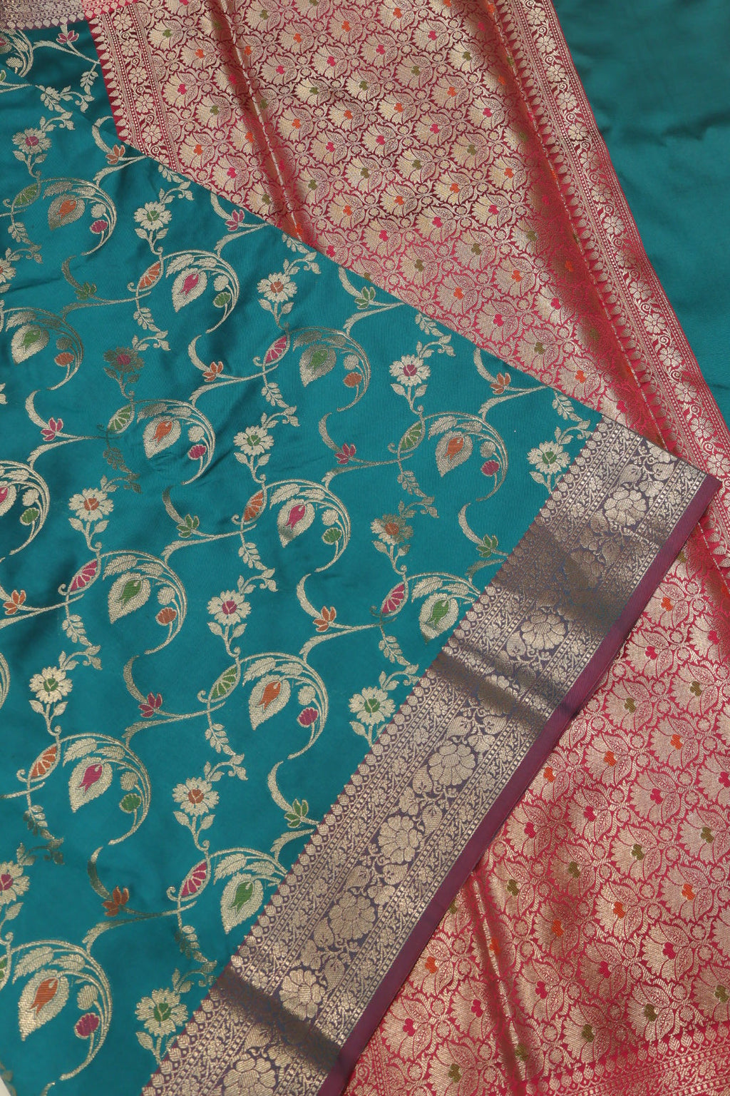 Teal Blue Banarasi Katan Silk Golden Zari with Tilfi Meenakari Weaved Saree With Blouse The Banarasee Aura