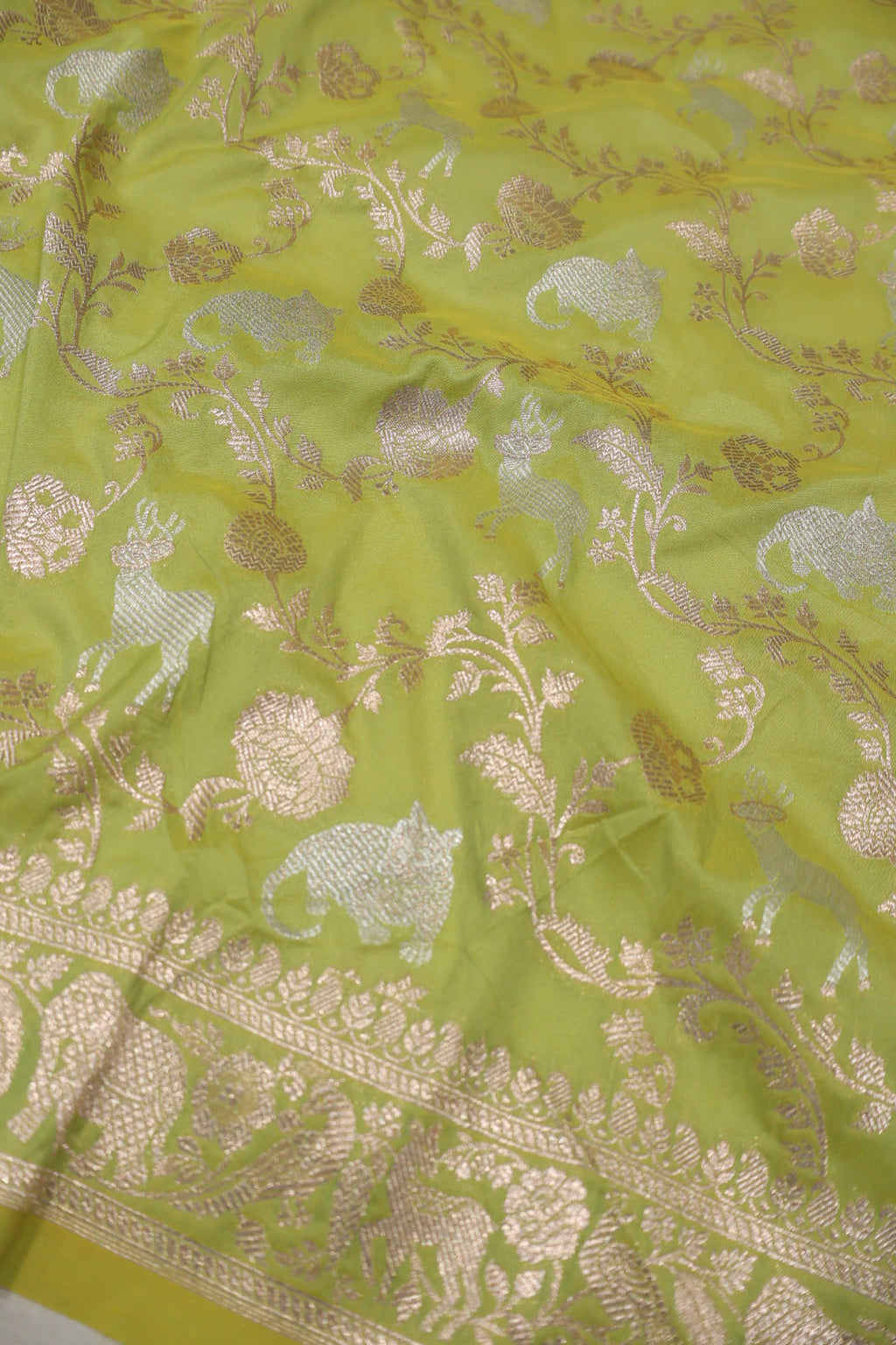 Lime Green Katan Silk Woven Unstitched Suit Set With Katan Silk Shikargah Sona Roopa Woven Dupatta The Banarasee Aura