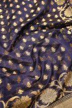 Navy Blue Chanderi Silk Banarasi Zari Weaved Saree With Blouse The Banarasee Aura