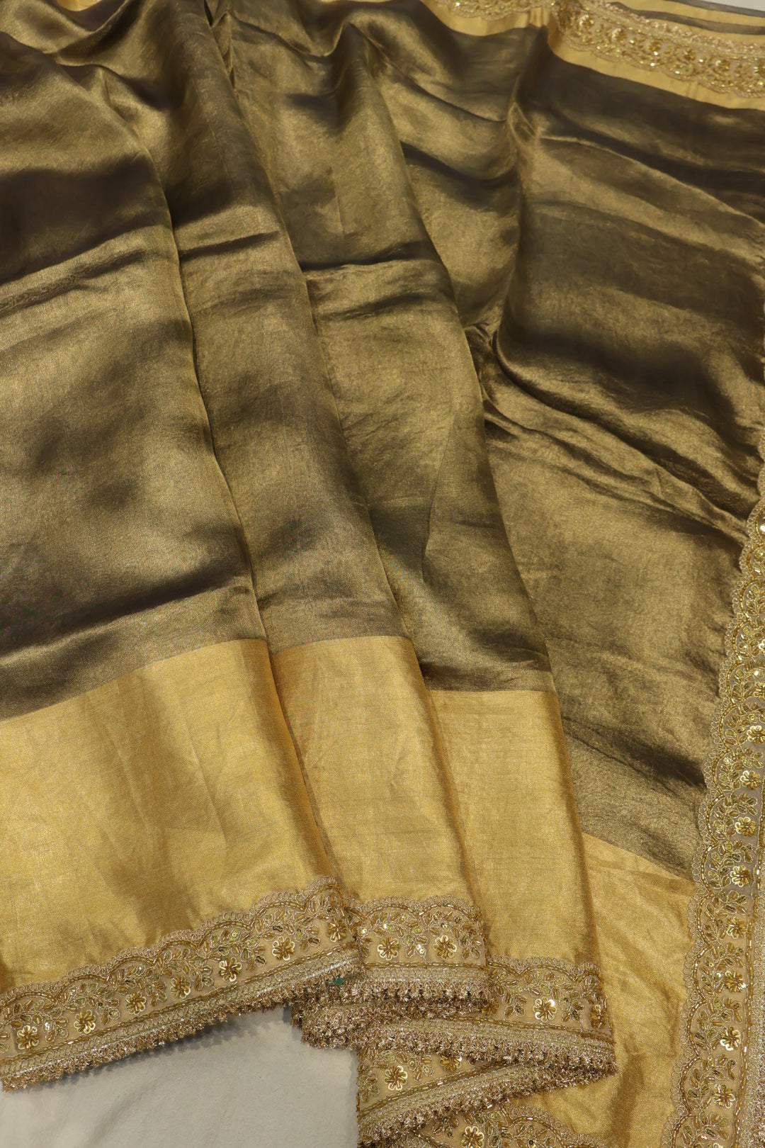 Antique Golden Pure Banarasi Tissue Silk Saree With Contrast Brocade Woven Blouse The Banarasee Aura