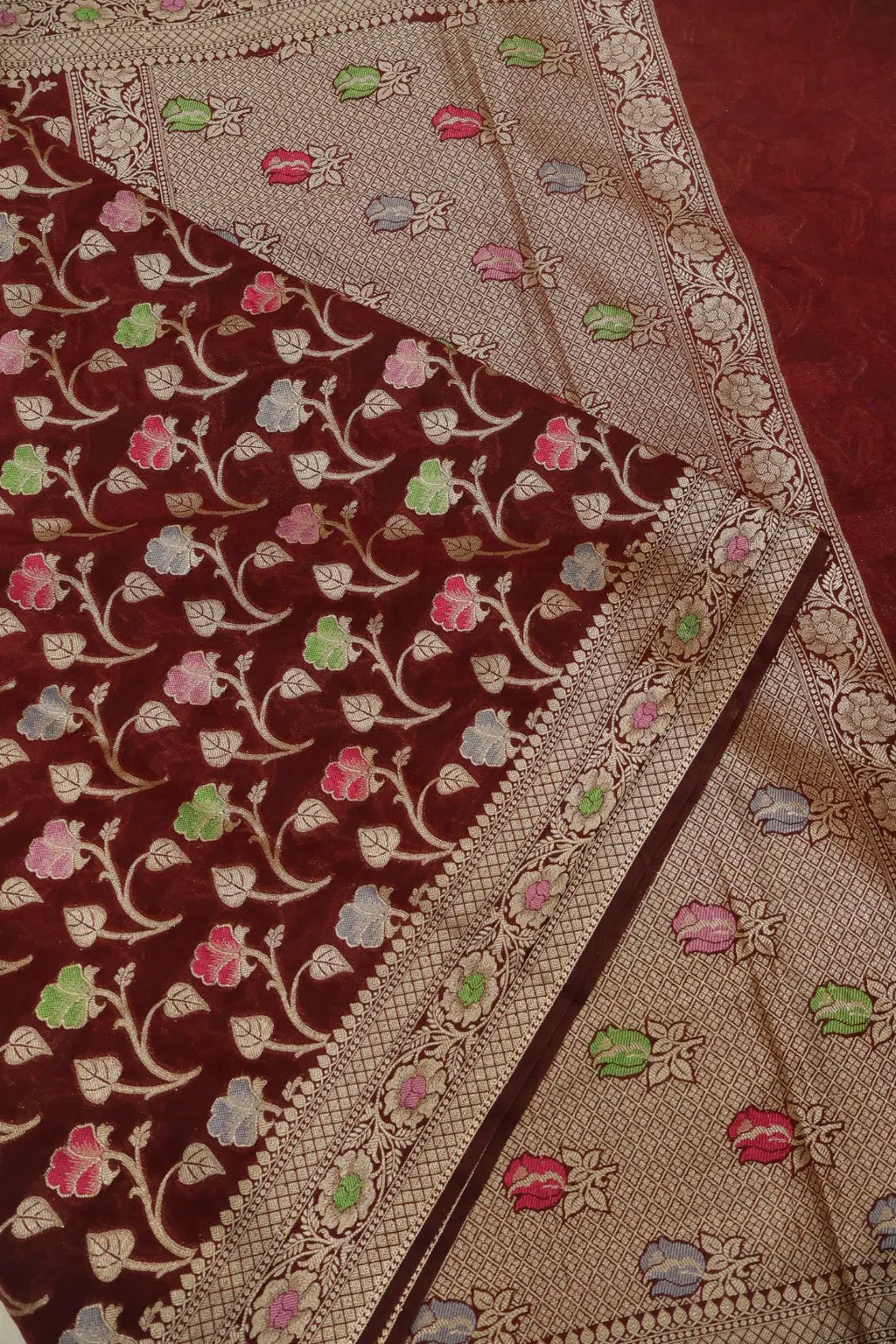 Deep Maroon Russian Silk Banarasi Golden Zari with Tilfi Meenakari Weaved Saree With Blouse The Banarasee Aura