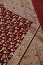 Deep Maroon Russian Silk Banarasi Golden Zari with Tilfi Meenakari Weaved Saree With Blouse The Banarasee Aura