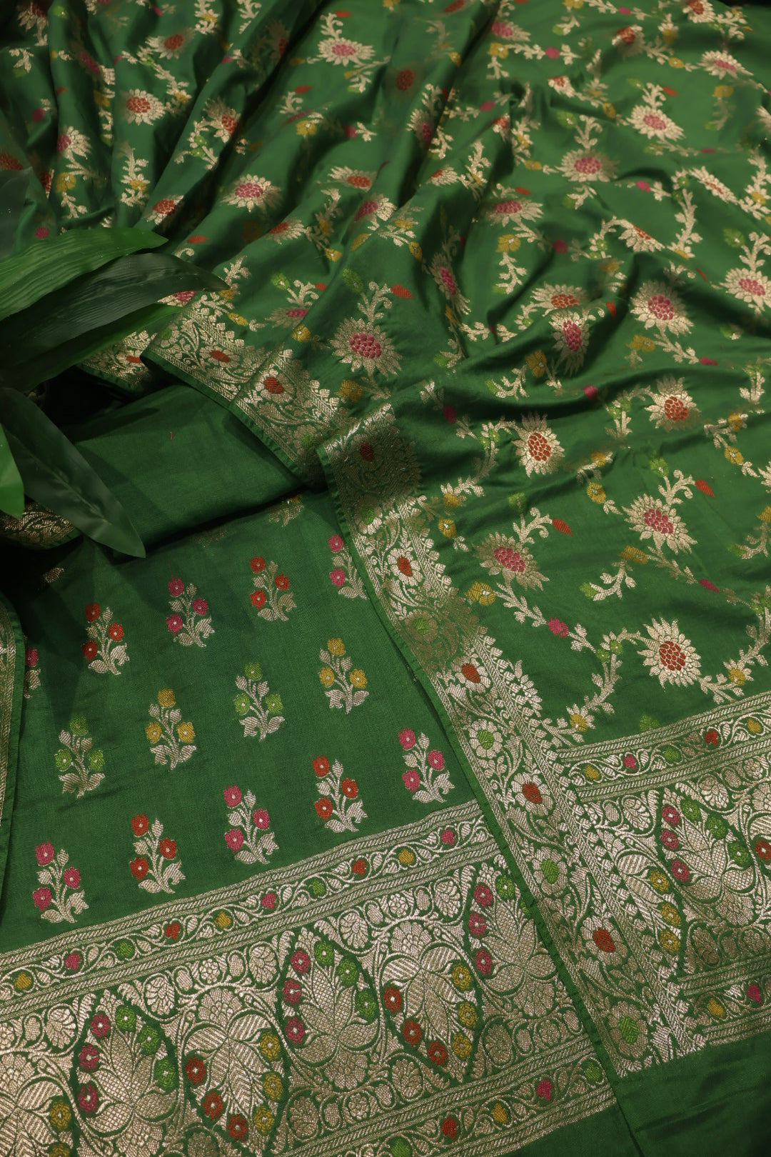 Bottle Green Satin Silk Tilfi Meenakari Woven Unstitched Banarasi Suit Set The Banarasee Aura
