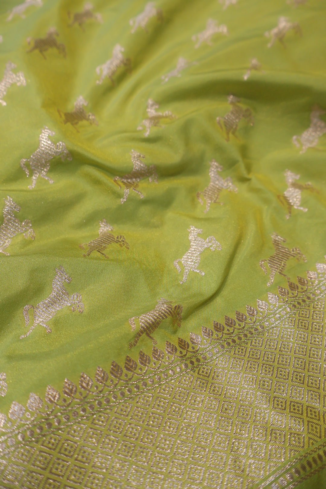Lime Green Katan Silk Woven Unstitched Suit Set With Katan Silk Shikargah Sona Roopa Woven Dupatta The Banarasee Aura