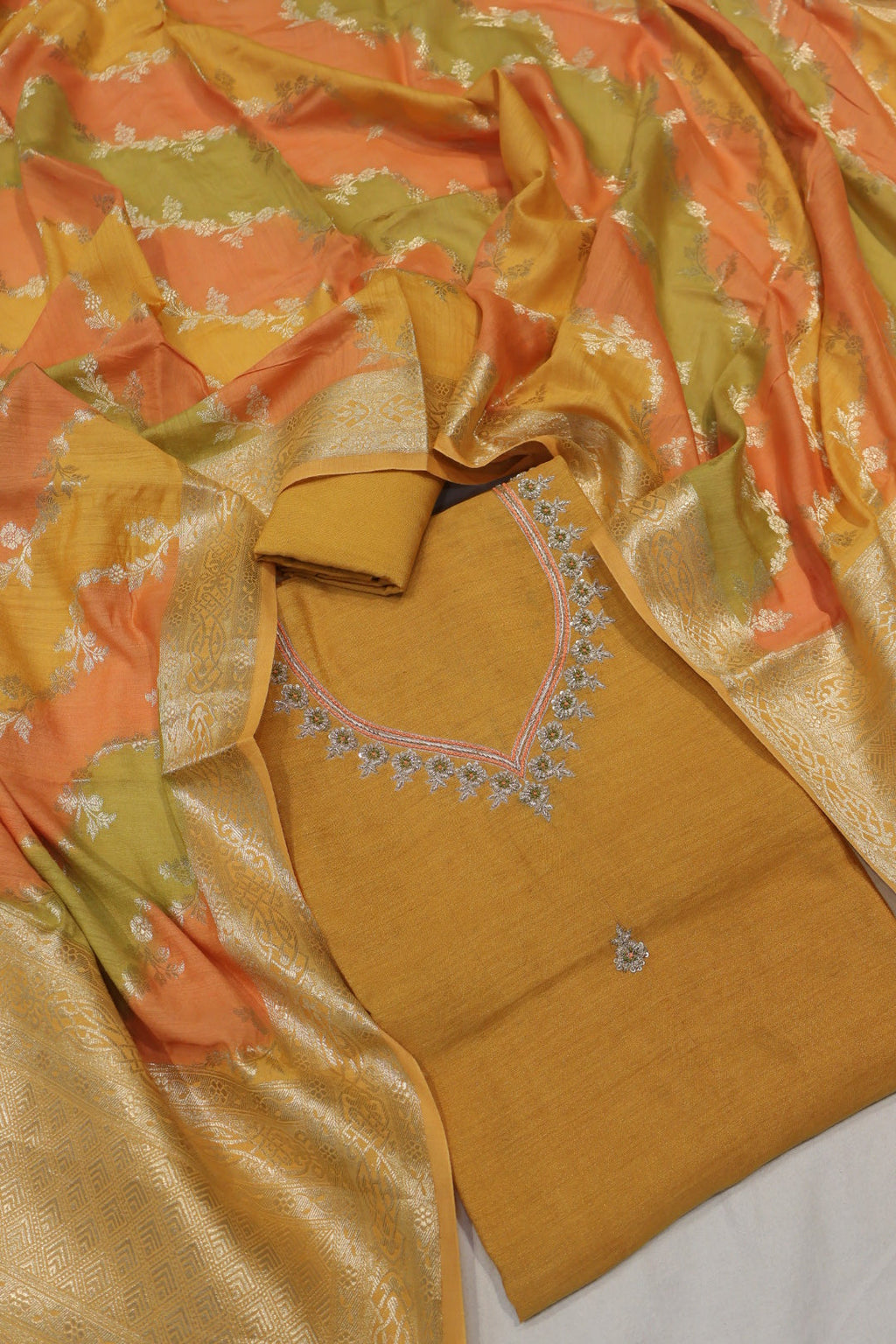 Mustard Banarasi Pure Moonga Tissue Silk Hand Embroidered Unstitched Suit Set with Pure Moonga Silk Rangkat Dupatta The Banarasee Aura