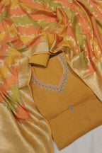 Mustard Banarasi Pure Moonga Tissue Silk Hand Embroidered Unstitched Suit Set with Pure Moonga Silk Rangkat Dupatta The Banarasee Aura