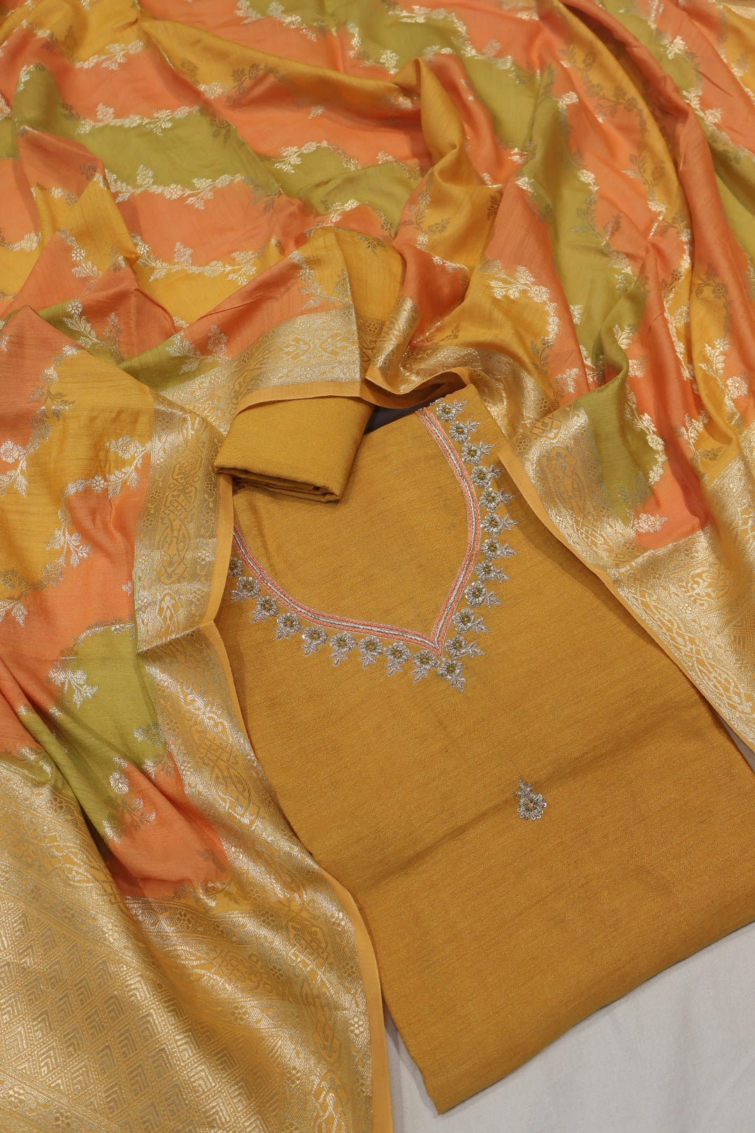 Mustard Banarasi Pure Moonga Tissue Silk Hand Embroidered Unstitched Suit Set with Pure Moonga Silk Rangkat Dupatta The Banarasee Aura