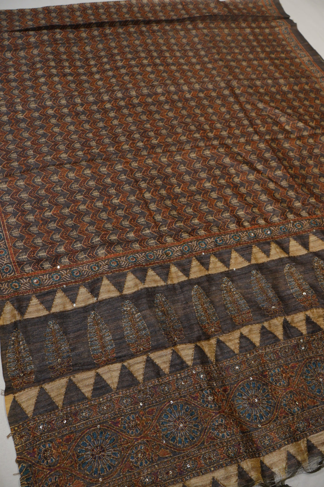 Charcoal Brown Chanderi Silk Printed and Embroidered Unstitched Suit Set With Chanderi Digital Printed And Embroidered Dupatta The Banarasee Aura