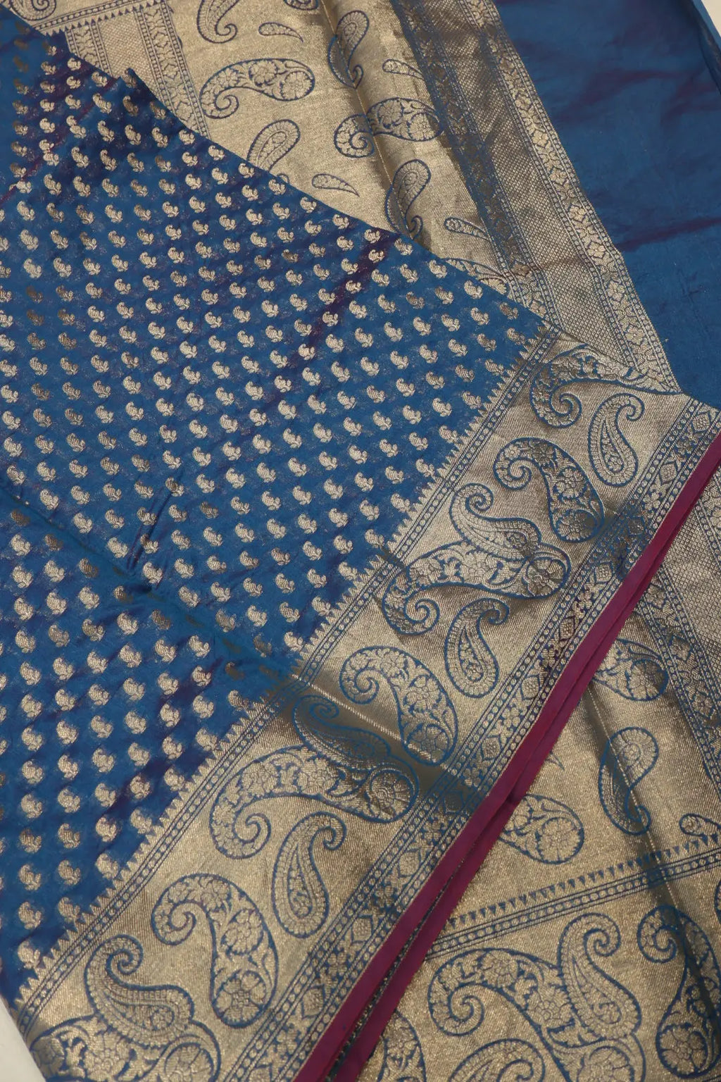 Royal Blue - Magenta Chanderi Silk Banarasi Zari Weaved Saree With Blouse The Banarasee Aura