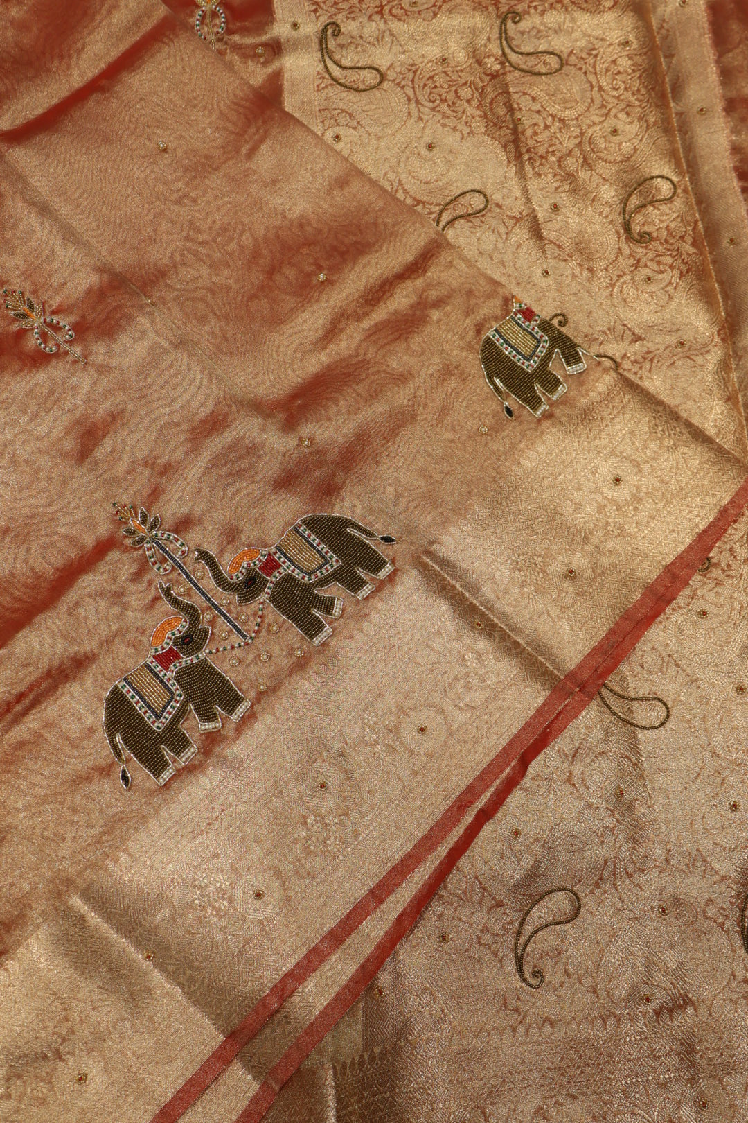 Rust - Gold Banarasi Tissue Organza Hand Embroidered Saree With Hand Embroidered Blouse The Banarasee Aura