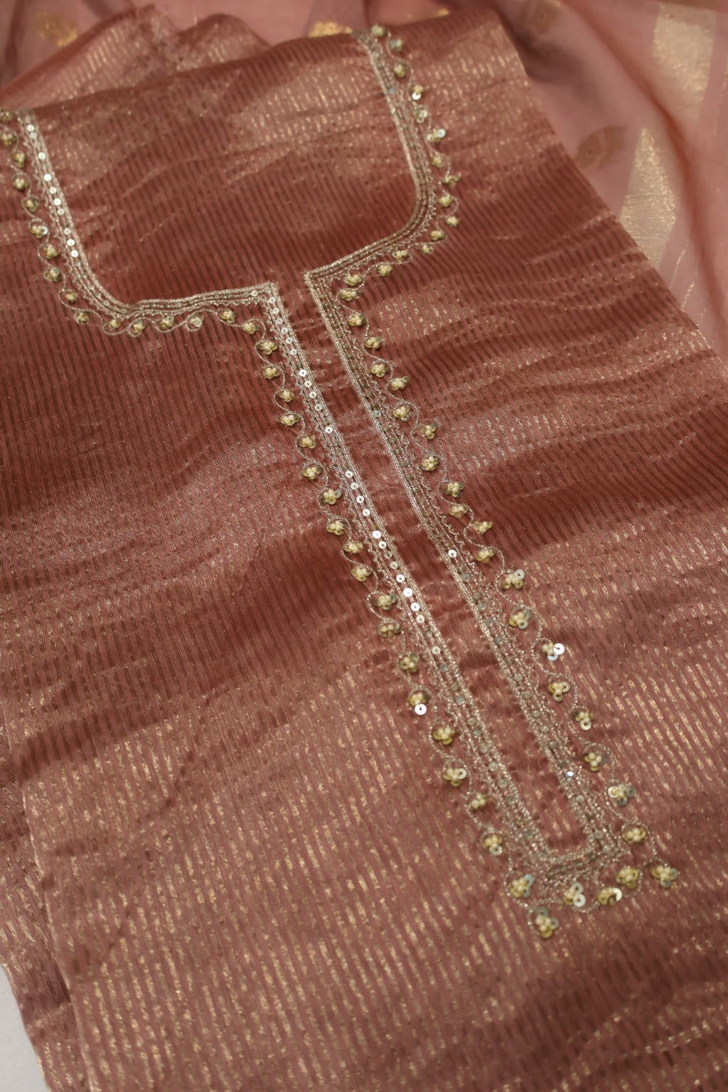 Rose Brown Banarasi Pure Tissue Stripes Hand Embroidered Unstitched Suit Set with Pure Chanderi Silk Woven Dupatta The Banarasee Aura