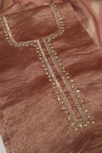 Rose Brown Banarasi Pure Tissue Stripes Hand Embroidered Unstitched Suit Set with Pure Chanderi Silk Woven Dupatta The Banarasee Aura